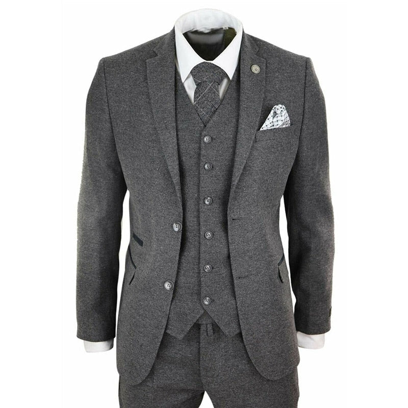 maoxiangshop Grey Herringbone Men's Suit Tweed British Style Custom Made Male Suit Slim Fit Blazer Wedding Suits for Men 3 Pieces