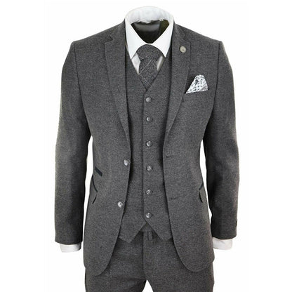 maoxiangshop Grey Herringbone Men's Suit Tweed British Style Custom Made Male Suit Slim Fit Blazer Wedding Suits for Men 3 Pieces