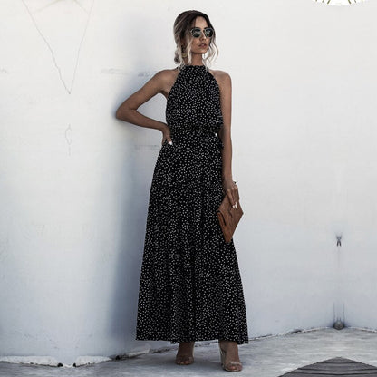 Summer Long Floral Halter Dress Women New Casual Slim Leopard Bandage Ladies Dot Print Beach Style Maxi Dresses