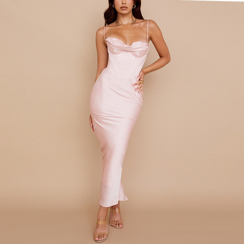 Summer Satin Maxi Bodycon Dress Women Party Dress New Arrivals Pink Fishbone Dress Celebrity Evening Club Night Dresses