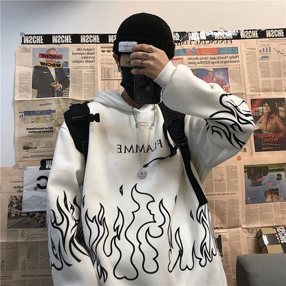 maoxiangshop Harajuku Oversized Women Hoodies Casual Flame Print Sweatshirt Korean Style Autumn Long Sleeve Hooded Female Pullovers Tops