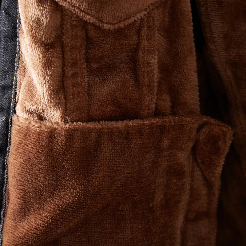 maoxiangshop Winter Men Denim Jackets Thick Outerwear Coats Mens Warm Fleece Denim Jacket Black Casual Mens Coat Cotton Jacket Mens Clothing