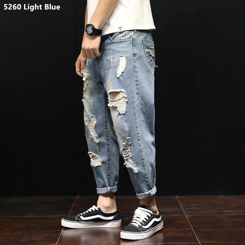 maoxiangshop Men Summer Ripped Ankle Length Plus Size Jeans 38 40 42 Harem Holes Hip Hop Trousers Denim Scratched Loose Boys Cool Blue Pants