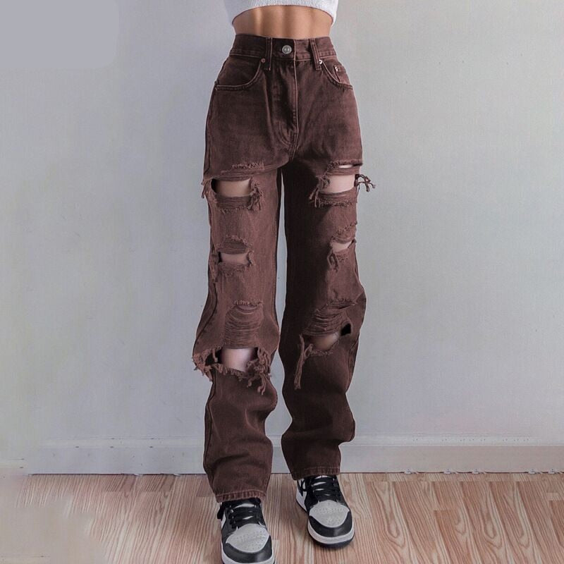 maoxiangshop Black Ripped High Waist Jeans for women Vintage Clothes y2k Fashion Straight Denim Trousers Streetwear Hole Hip Hop Pant jeans