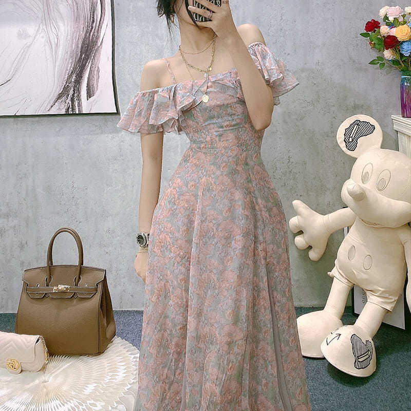 maoxiangshop Vintage Chiffon Midi Dress Women Floral Print Design Korean Party Split Dress Female Summer Evening Beach Boho Dress Casual