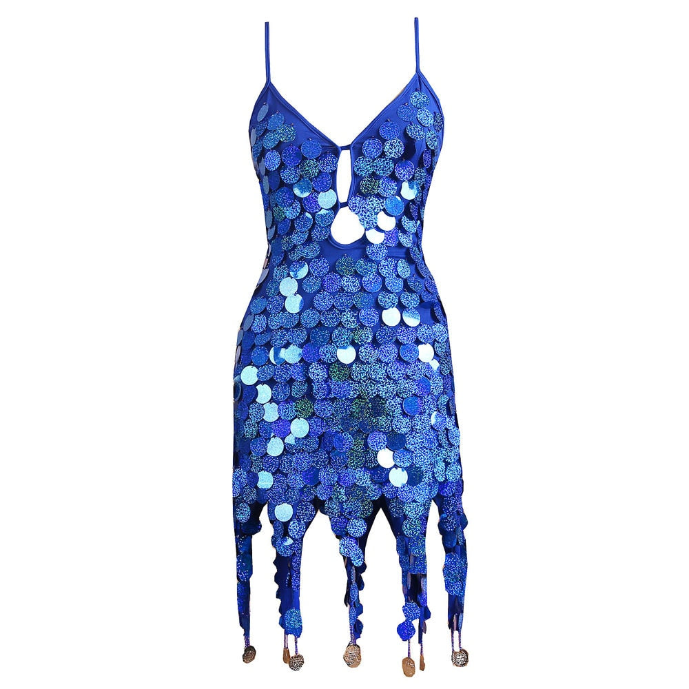 maoxiangshop Women Boho Sequin Fish Scales Tassel Dress Belly Dance Performance Sparkly Dress Festival Clothes Rave Party Costume