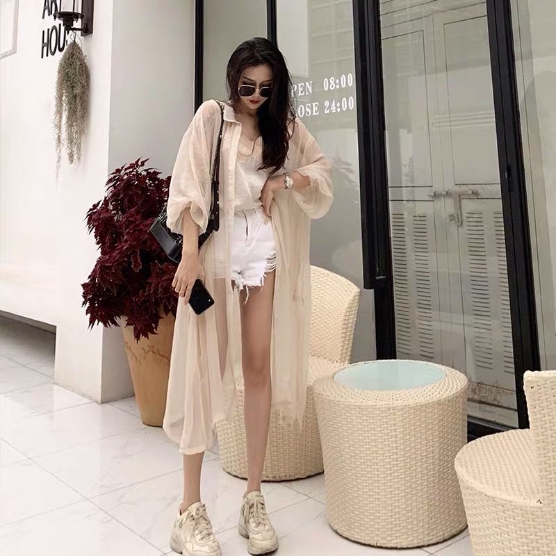 maoxiangshop Women Blouse Sun Protection Fashion Long Lantern Sleeve Outerwear Sheer All-match Thin Beach Street Comfort Korean Style Leisure