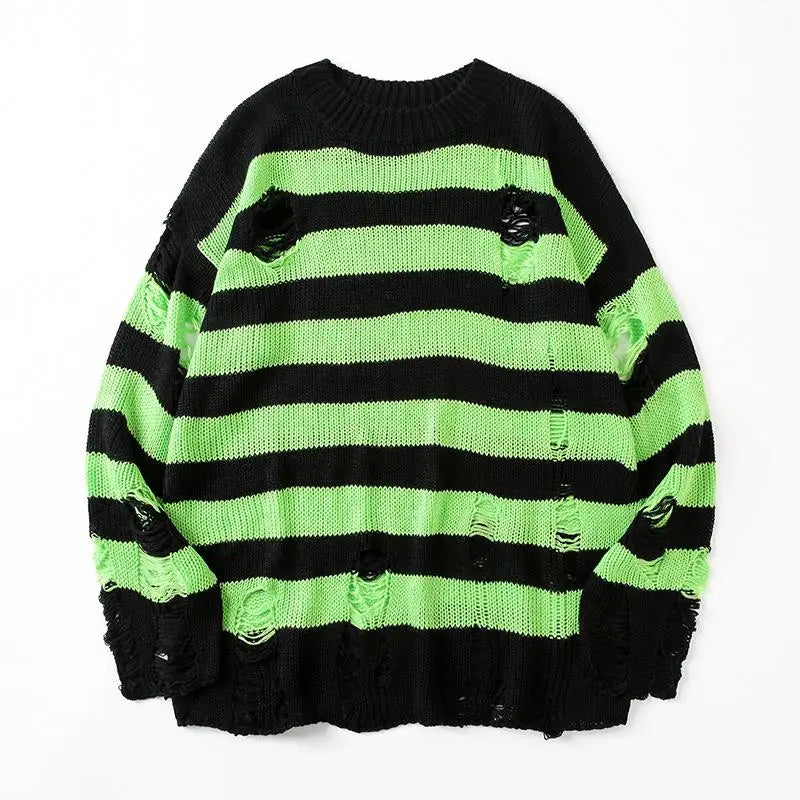 maoxiangshop Black Stripe Sweaters Destroyed Ripped Sweater Men Pullover Hole Knit Jumpers Men Oversized Sweatshirt Harajuku Long Sleeve Tops