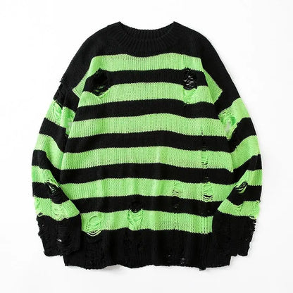 maoxiangshop Black Stripe Sweaters Destroyed Ripped Sweater Men Pullover Hole Knit Jumpers Men Oversized Sweatshirt Harajuku Long Sleeve Tops