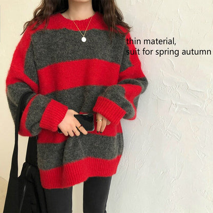 Thin Oversized Sweater Women Vintage Loose Pullover Casual Striped Sweaters Knitted Jumper Fashion Streetwear Sueter Mujer