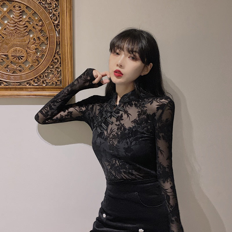 maoxiangshop Girls Transparent Lace Blouses Shirts Tees Female Chinese Style Turtleneck Vintage Full Sleeve Black Blouses Tops For Women