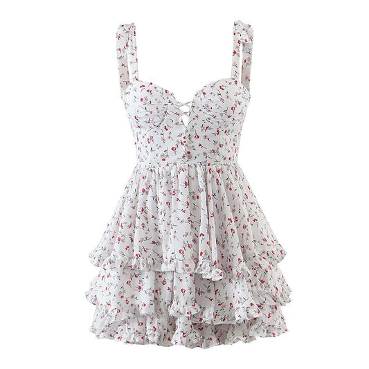 maoxiangshop Summer Women Floral Print Sexy Sling Chiffon Dress Ladies Sweet Ruffle Holiday Party Short Dress Chic Vestido