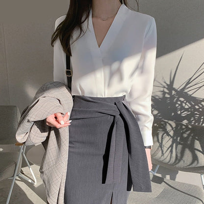 maoxiangshop New Chiffon White V-neck Women's Blouses Long Sleeve Spring High Street Shirt Ladies Top Chemisier S-XXL Solid Color