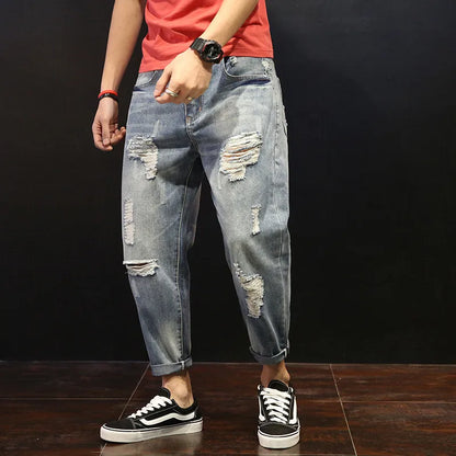 maoxiangshop Men Summer Ripped Ankle Length Plus Size Jeans 38 40 42 Harem Holes Hip Hop Trousers Denim Scratched Loose Boys Cool Blue Pants