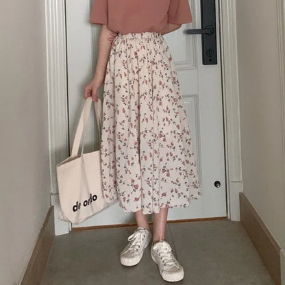 maoxiangshop Vintage Floral Print A-line Pleated Long Skirts Summer Women Korean Skirt Streetwear Drawstring Elastic Waist Midi Skirt