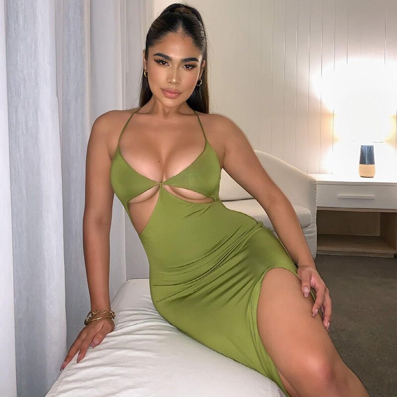 Summer Green Bodycon Dress Women Maxi Party Dress New Arrivals Stretchy Cut Out Sexy Dress Celebrity Evening Club Dress