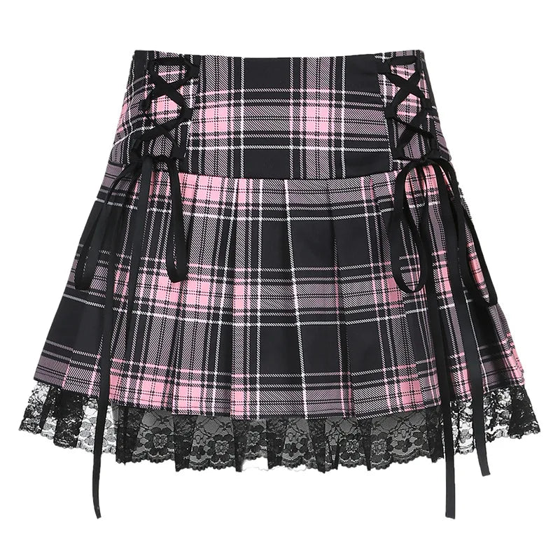 maoxiangshop High Waist Lace Plaid Pleated Gothic Mini Skirt Sexy Mall Goth Skirt Gothic Punk Emo Club Wear Women Harajuku Y2k Dark Skirt