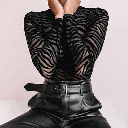 maoxiangshop Black Mesh Transparent Sexy Bodysuit Long Sleeve Slim Skinny Stripe Mock Neck Casual Rompers Women Lady Party Club Body