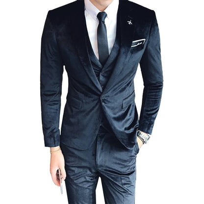 maoxiangshop New Trendy Silver Velvet Men Suits Nothched Lapel Three Pieces Formal Prom Blazers For Male Hot Sale Mens Sim Fit Suits Set