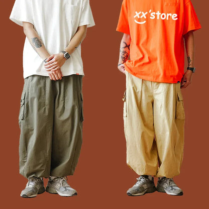 maoxiangshop Multi-Pocket Cargo Pants Men's Casual Solid Colour Straight Pants Baggy Wide-leg Cropped Pants Men Ankle-length Pants