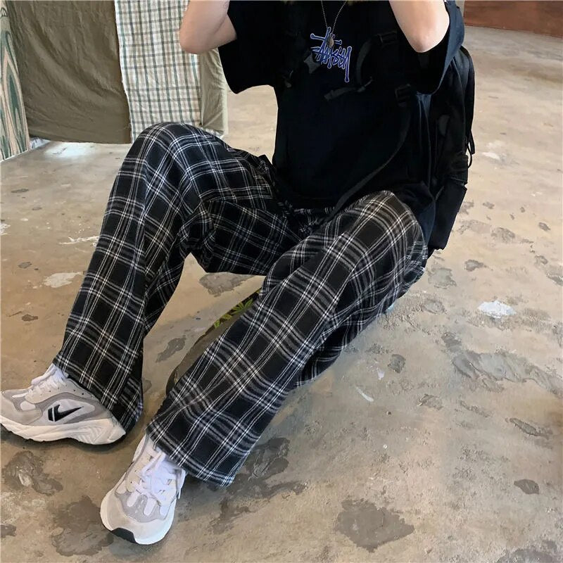 maoxiangshop Black and Pink Plaid Pants Oversize Women Pants High Waist Loose Wide Leg Trousers Ins Retro Teens Straight Trousers Streetwear