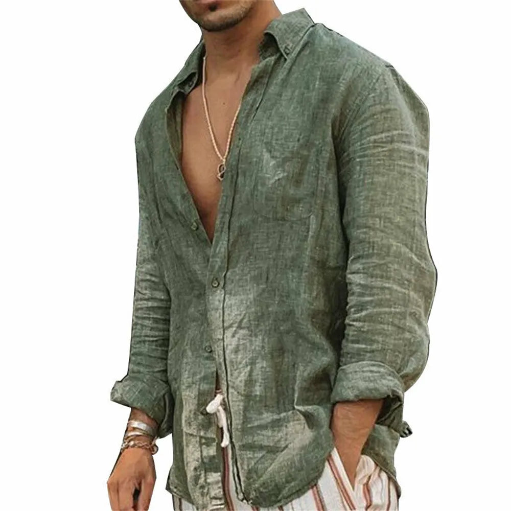 maoxiangshop Men Casual Cotton Linen ShirtsStanding Collar Male Solid Color Long Sleeves Loose Tops Spring Autumn Handsome Men's Shirts