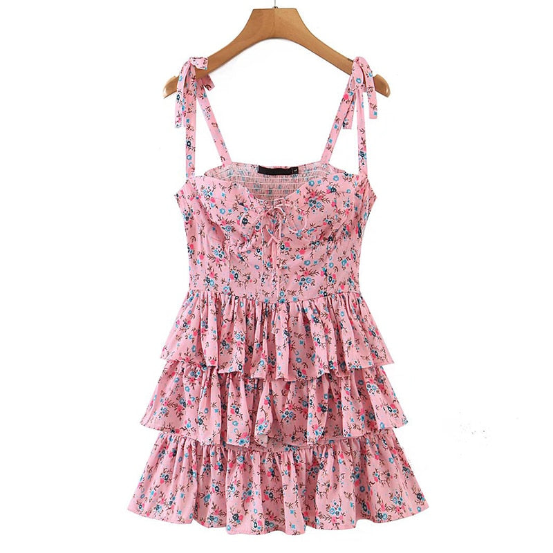 maoxiangshop Sweet Women Floral Print Sexy Sling Cake Dress Ladies Summer Holiday Chiffon Robe Short Vestido