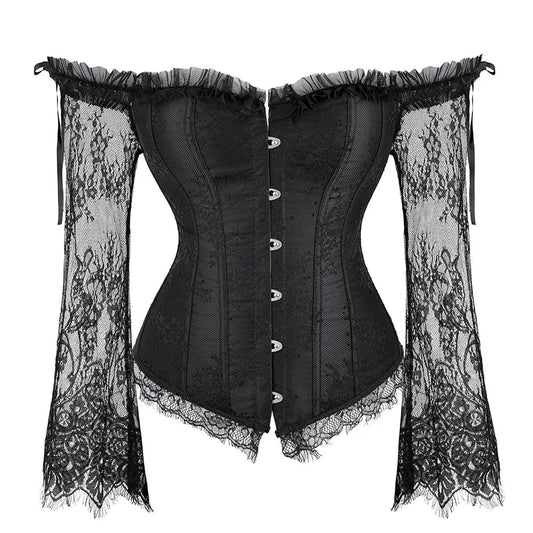 maoxiangshop Corset Top Bustier Lingerie Women with Long Sleeves Renaissance Plus Size Lace Floral Sexy Costumes Burlesque Red Black