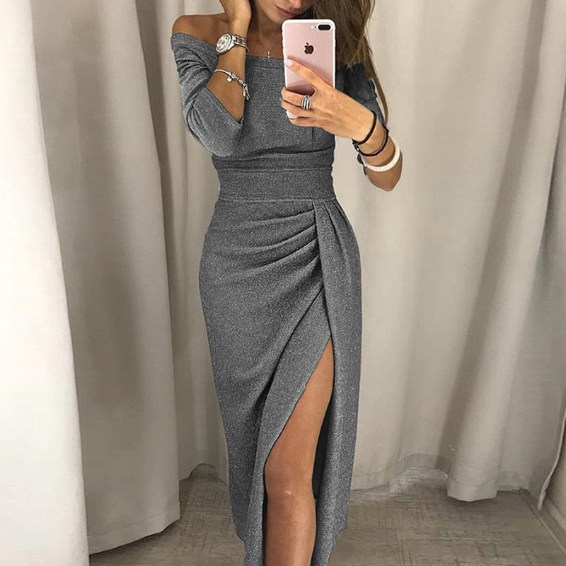 maoxiangshop New High Waist Vintage Bling Sexy Dresses Women Autumn Off Shoulder Bright Silk Shiny Party Dress Lady Split Bodycon Dress