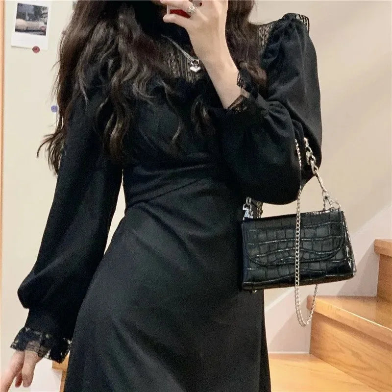 French Lace Vintage Dress Women Fashion Puffer Sleeve Elegant One Piece Dress Korean 2022 Spring High Street Slim Midi Dress Y2k