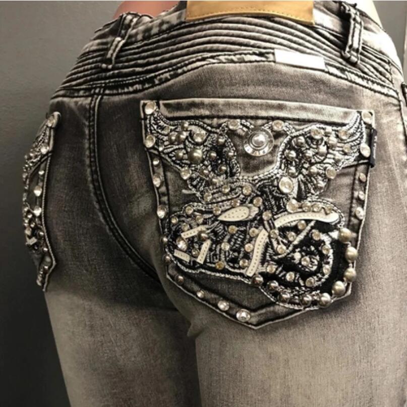 maoxiangshopHigh Waist Jeans Women Fashion Straight Pants Ladies Vintage Flying Motorcycle Bead Jeans Femme Elasticity Trousers