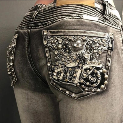 maoxiangshopHigh Waist Jeans Women Fashion Straight Pants Ladies Vintage Flying Motorcycle Bead Jeans Femme Elasticity Trousers