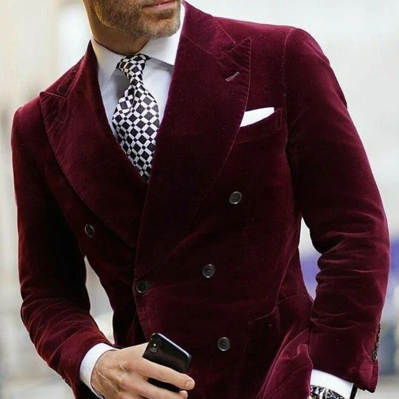 maoxiangshop WELL DRESSED MEN Burgundy Velvet Blazer for Men with Double Breasted Dinner Jacket Elegant Smoking Suit Coat