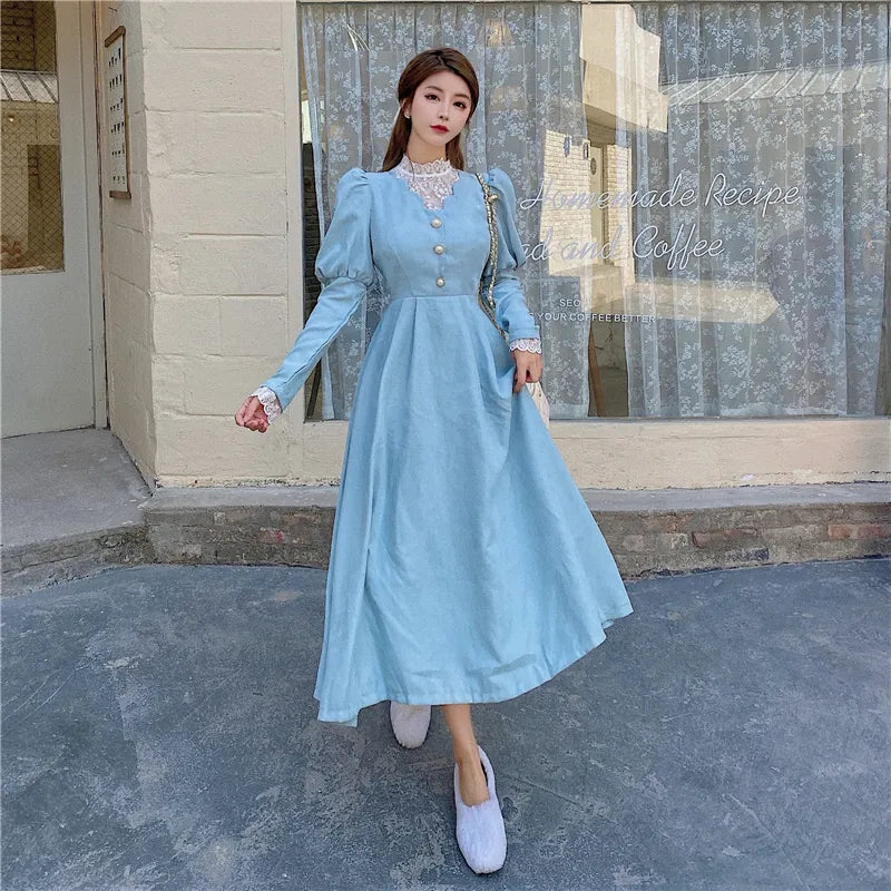 maoxiangshop Solid Elegant Dress Women Winter Patchwork Lace Party Midi Dress Female Casual French Style Sweet Kawaii Korean Dress Women