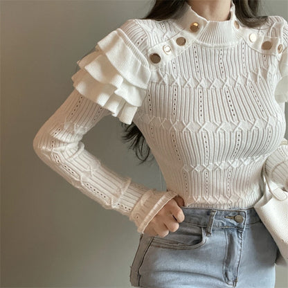 maoxiangshop Full Sleeve Turtleneck Buttons Sweater Jumpers Girls Stretchy Chic Ruffles Autumn Spring Sweaters Pullovers Tops Women