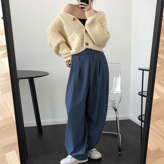 maoxiangshop Spring and Autumn Women's Casual Solid Color High Waist Loose Wide Leg Pants