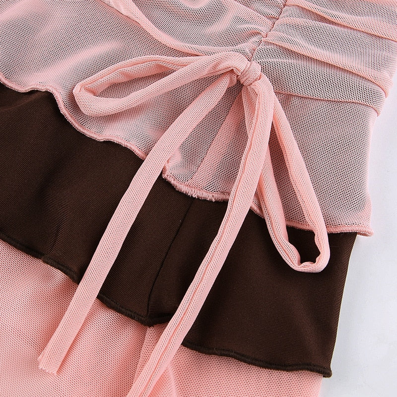 maoxiangshop Y2K Aesthetic Pleated Skirts Women Low Waist Ruffles Mini Skirt Patchwork Pink Mesh Cute Kawaii Brown Bodycon Vintage Clothes