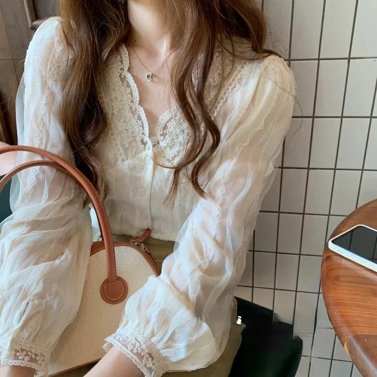 maoxiangshop Shirts Women Solid Lace V-Neck Gentle All-match Stylish Simple Elegant Soft New Arrival Streetwear Long Sleeve Korean Style Tops