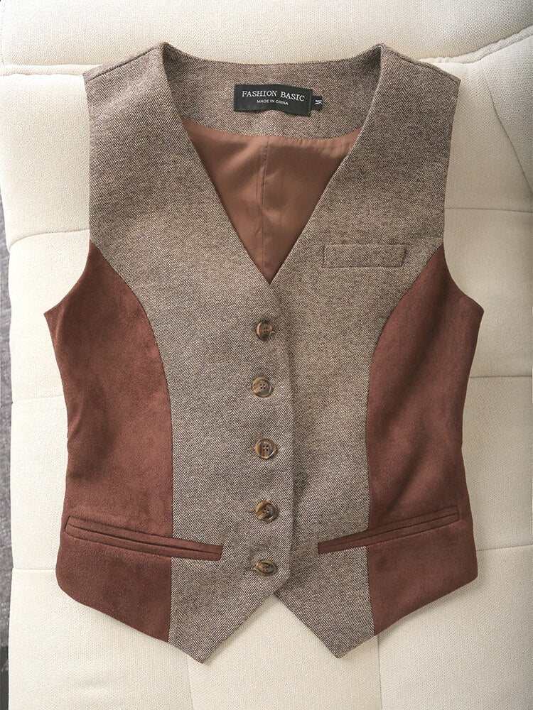 maoxiangshop Women Vintage Ves  Autumn and Spring Slim Woolen Suit Vest Classic Official stitching Waistcoat