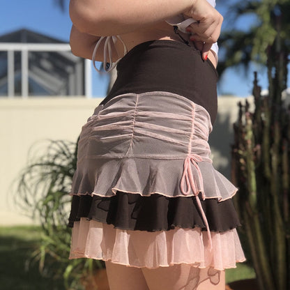 maoxiangshop Y2K Aesthetic Pleated Skirts Women Low Waist Ruffles Mini Skirt Patchwork Pink Mesh Cute Kawaii Brown Bodycon Vintage Clothes