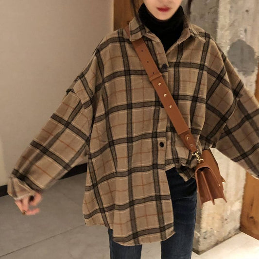 maoxiangshop Female Autumn Street Blouse Shirts Vintage Oversized Plaid Flannel Boyfriend Tunic Shirt for Women Casual Korean Tops