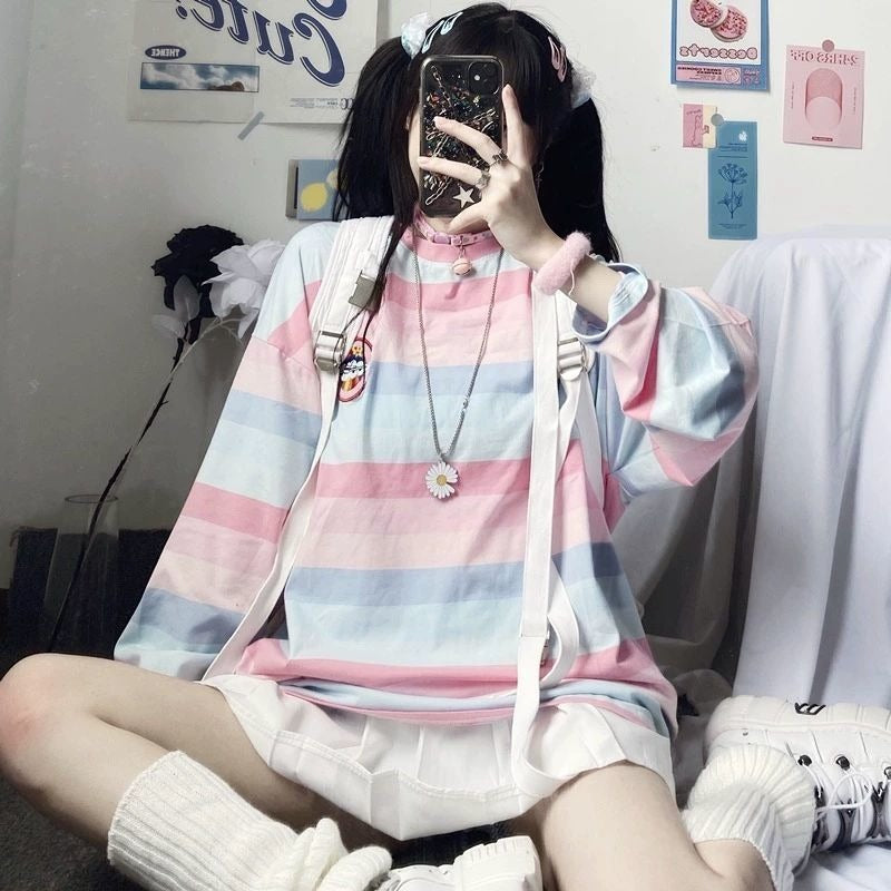 maoxiangshop Striped T-shirts Women Rainbow Japanese Style Kawaii Pink Loose Leisure BF Harajuku College Students Female Top Lady Comfortable