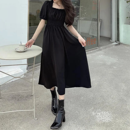 Black Vintage Midi Dress Elegant Women Dresses Square Collar Puff Sleeve Oversized Loose Casual Sundress Female Robe