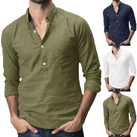 maoxiangshop Summer Hawaiian Shirt Men's Baggy Cotton Linen Solid Pocket Long Sleeve Turn-down Collar Shirts Tops M-3xl Camisas Hombre