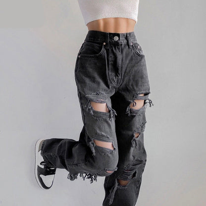 maoxiangshop Black Ripped High Waist Jeans for women Vintage Clothes y2k Fashion Straight Denim Trousers Streetwear Hole Hip Hop Pant jeans