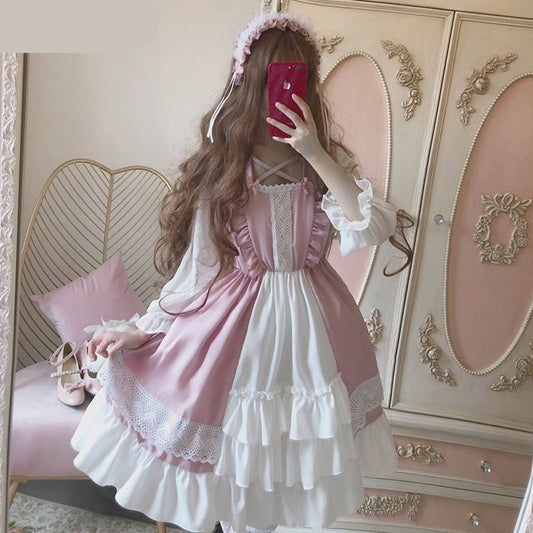 maoxiangshop In Wondeland Cute Women's Lolita OP Dress Flouncing Lace Trim Japanese Harajuku Long Sleeves Doll Dress Fairy Vestidos