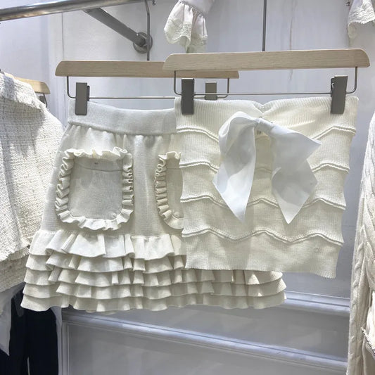 Cute Sweet Knitted 2 Piece Set Summer Sexy Strapless Crop Top + High Waist Ruffles Skirts Sets Tracksuit Women Two Piece Outfits