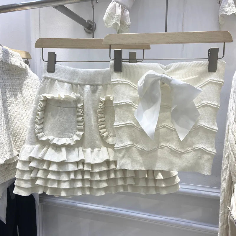 Cute Sweet Knitted 2 Piece Set Summer Sexy Strapless Crop Top + High Waist Ruffles Skirts Sets Tracksuit Women Two Piece Outfits