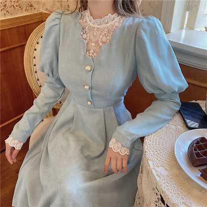 maoxiangshop Solid Elegant Dress Women Winter Patchwork Lace Party Midi Dress Female Casual French Style Sweet Kawaii Korean Dress Women