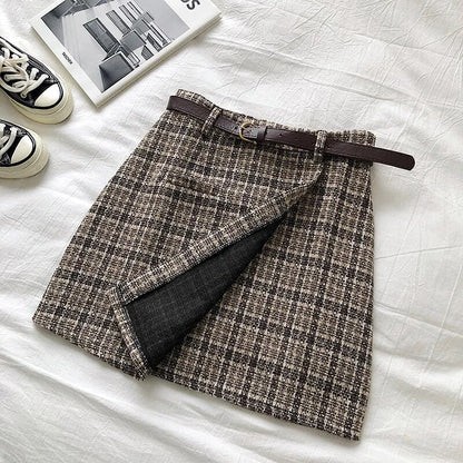 maoxiangshop Korean Irregular Lady Skirt Female Autumn Sweet High Waist A-line Mini Skirt Belt Vintage Casual Women Plaid Skirt Sashes